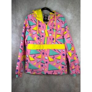 Super Massive Windbreaker Womens Medium Pink 80s Geometric Retro Half Zip Hooded